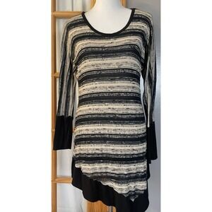 80s Striped Pullover Sweater Mini Dress Sz L Black Beige USA Made